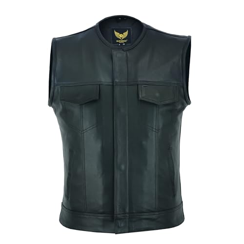 Leatherick Mens Black Motorcycle Vests - SOA Club & Traditional Paisley Satin Liner Leather Biker Vests (US, Alpha, Large, Regular, Regular, Black (Collarless)) - Image 2