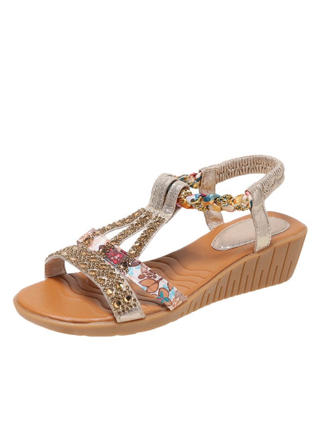 Summer New Arrival Korean Style Fashionable Fish Beak Set Feet Wedge Heel Fashionable Casual Large Size  Rhinestone Roman Sandals