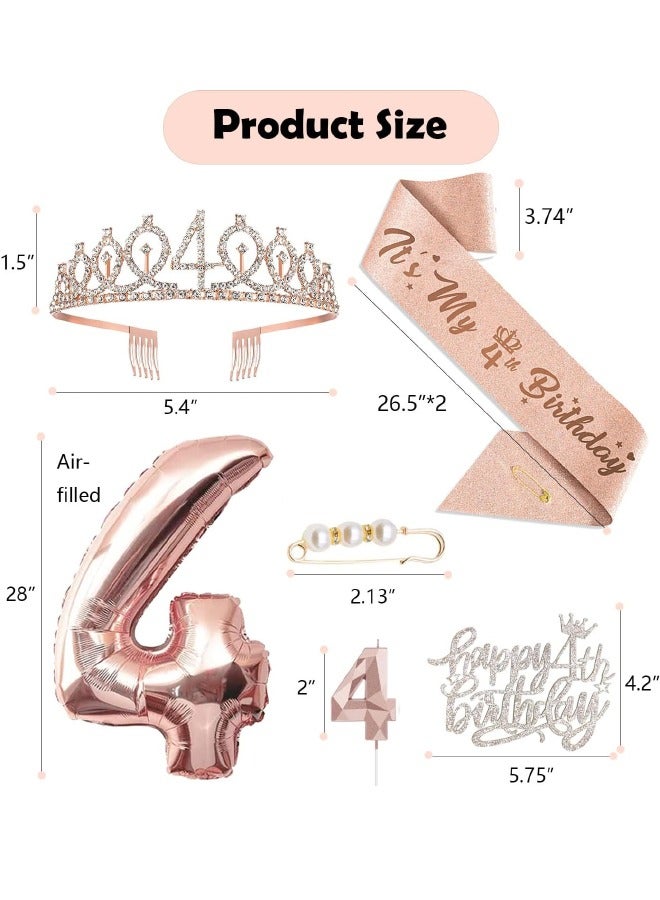 4th Birthday Decorations for Girls, Including 4 year old Birthday Cake Topper, Birthday Queen Sash with Pearl Pin, Sweet Rhinestone Tiara Crown, Number Candles and Balloons Set, Rose Gold - Image 2