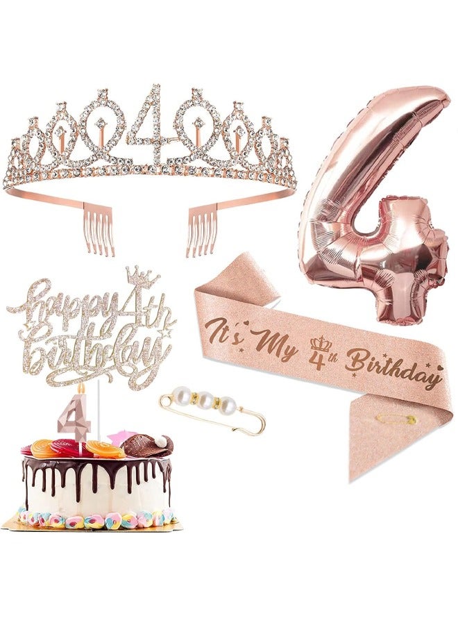 4th Birthday Decorations for Girls, Including 4 year old Birthday Cake Topper, Birthday Queen Sash with Pearl Pin, Sweet Rhinestone Tiara Crown, Number Candles and Balloons Set, Rose Gold - Image 1