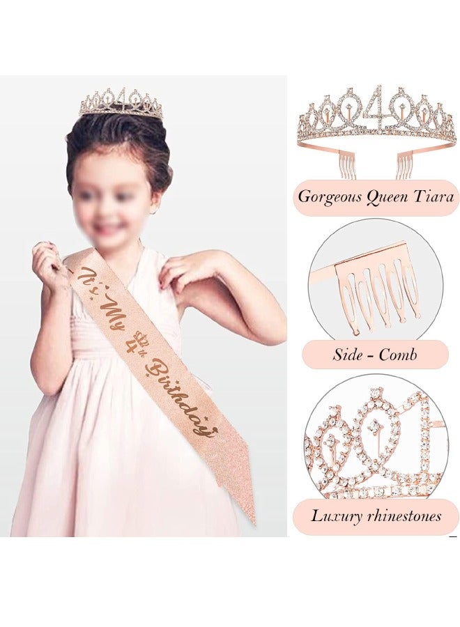 4th Birthday Decorations for Girls, Including 4 year old Birthday Cake Topper, Birthday Queen Sash with Pearl Pin, Sweet Rhinestone Tiara Crown, Number Candles and Balloons Set, Rose Gold - Image 3