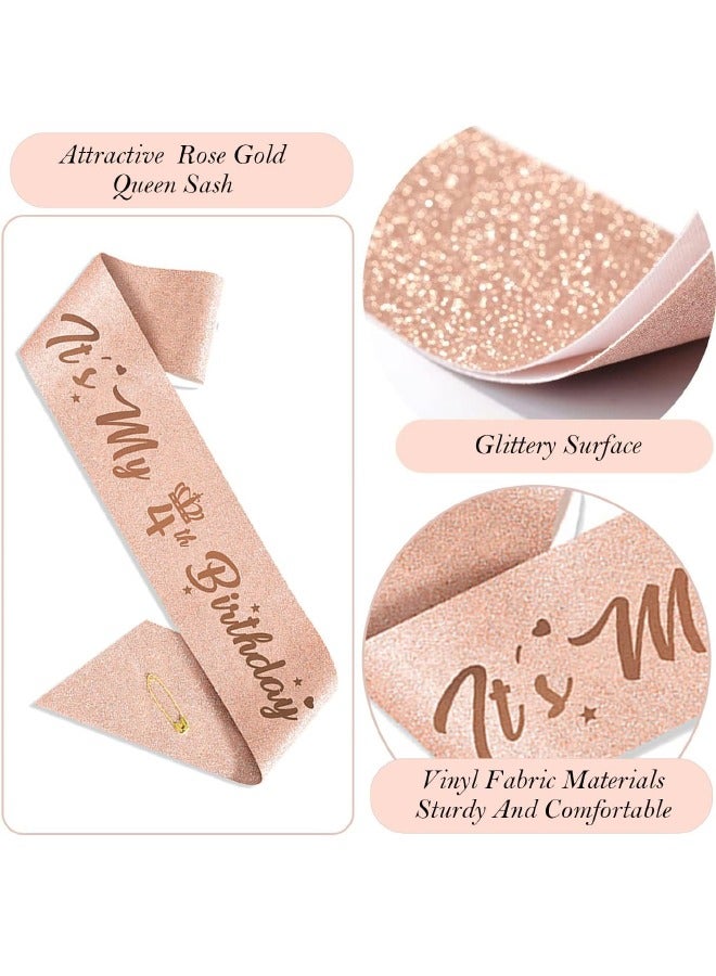 4th Birthday Decorations for Girls, Including 4 year old Birthday Cake Topper, Birthday Queen Sash with Pearl Pin, Sweet Rhinestone Tiara Crown, Number Candles and Balloons Set, Rose Gold - Image 4