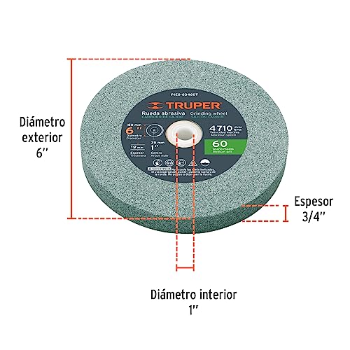 TRUPER PIES-63460T 6" Silicon Carbide Bench Grinding Wheels. Grit=60, Thickness=3/4", Drill=1". 1 Pack - Image 2