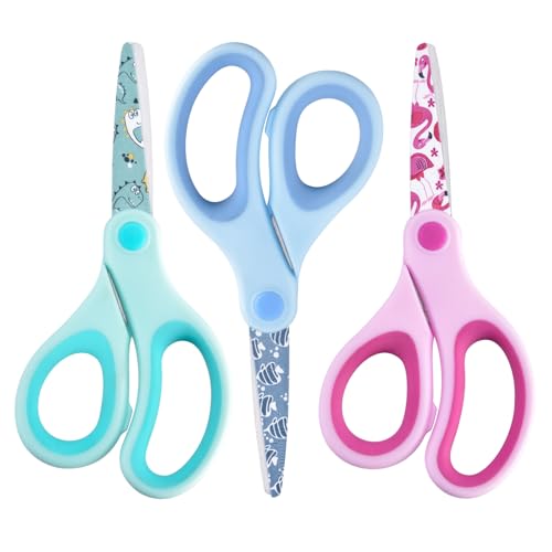 Zicolu 5" Kids Safety Scissors 3 Pack, Blunt-Tip Stainless Steel Blades (Print Design) & Ergonomic Comfort Handles, for Toddlers, Children, Small School Students, Craft Cutting Paper, Assorted Colors - Image 1