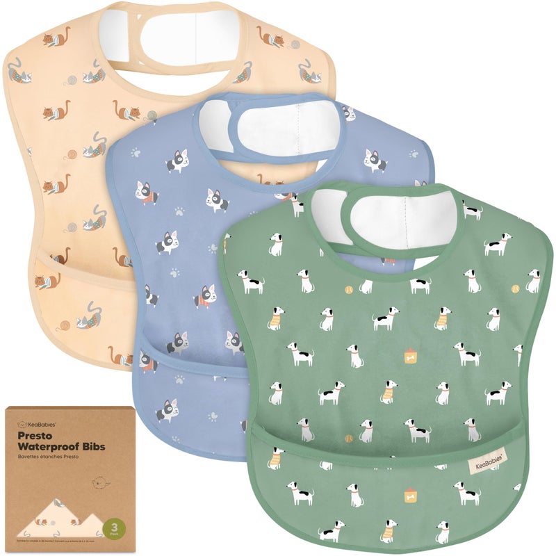 KeaBabies 3-Pack Waterproof Baby Bibs for Eating - Lightweight Toddler Feeding Bibs with Large Food Catcher, Mess Proof, Food-Grade Baby Eating Essentials, Easy to Put On & Clean (Pets & Paws) - Image 1