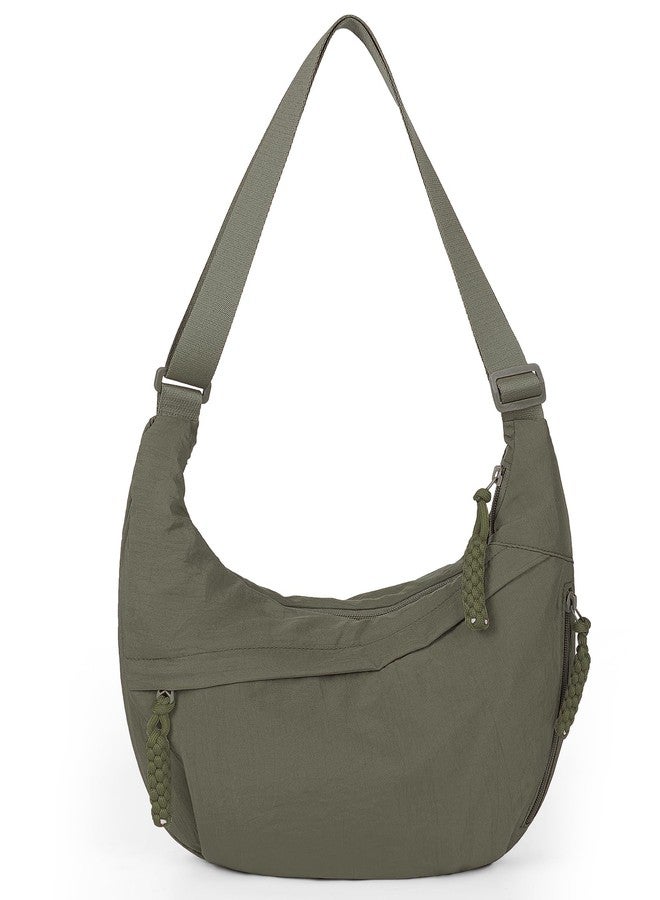 Lushandy Nylon Crescent Crossbody Bags for Women, Medium Slouchy Hobo Crossbody Bag Checkered Purse Luna Bag for Travel, A Nylon-green, 13.4x8.7x3.5 inches - Image 1