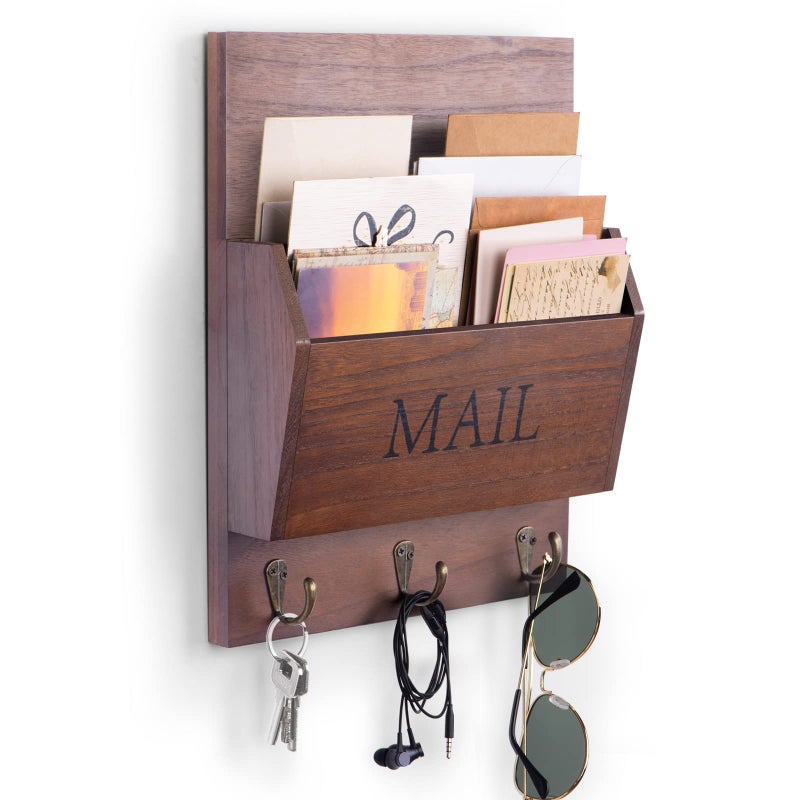 DLQuarts Mail Organizer with Key Holder for Wall Decorative Mail Sorter Wall Mounted, Wooden Mail Holder with 3 Hooks, Dark Brown - Image 1