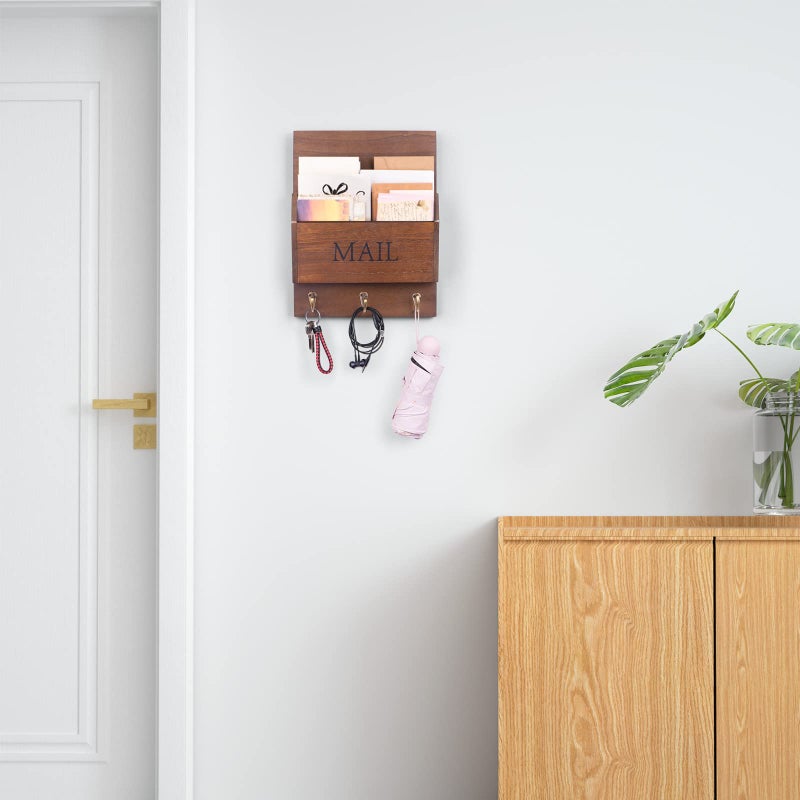DLQuarts Mail Organizer with Key Holder for Wall Decorative Mail Sorter Wall Mounted, Wooden Mail Holder with 3 Hooks, Dark Brown - Image 2