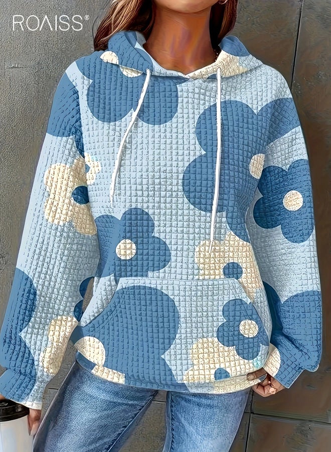 roaiss Women's Plus Size Floral Print Waffle Hoodie Casual Long Sleeve Pullover with Adjustable Drawstring Hood, Soft Textured Fabric, Charming Floral Pattern, Perfect for Fall and Winter Comfort - Image 1