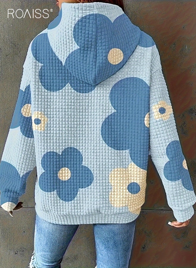 roaiss Women's Plus Size Floral Print Waffle Hoodie Casual Long Sleeve Pullover with Adjustable Drawstring Hood, Soft Textured Fabric, Charming Floral Pattern, Perfect for Fall and Winter Comfort - Image 2