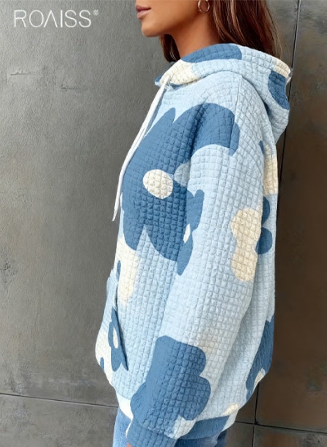 roaiss Women's Plus Size Floral Print Waffle Hoodie Casual Long Sleeve Pullover with Adjustable Drawstring Hood, Soft Textured Fabric, Charming Floral Pattern, Perfect for Fall and Winter Comfort - Image 5