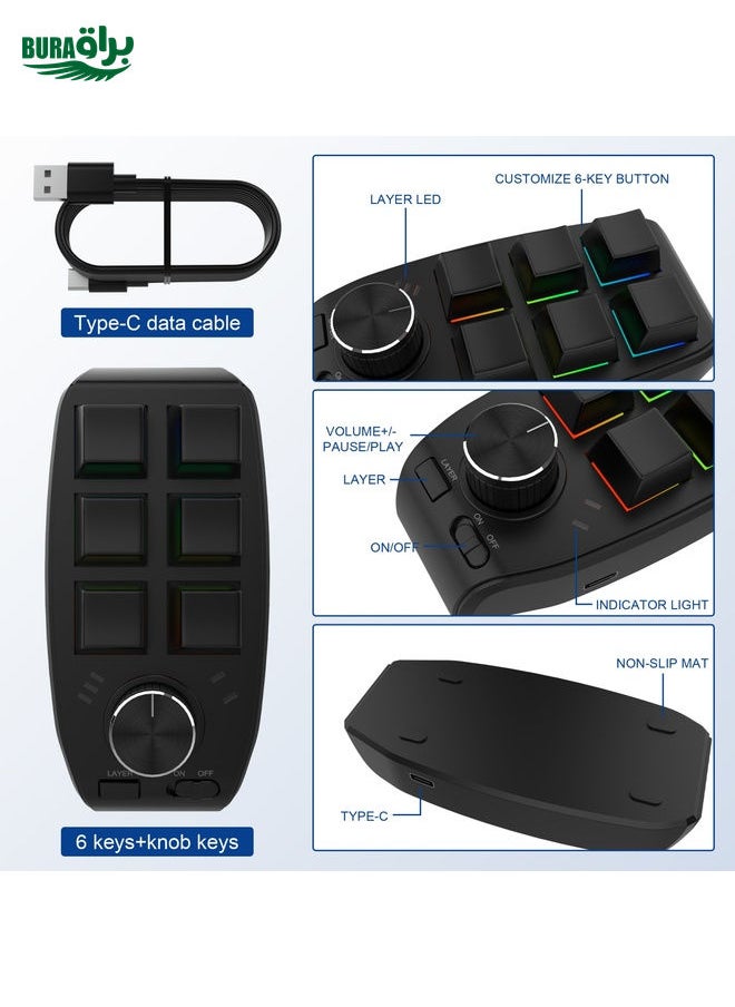 BURAQ - Bluetooth Wireless RGB Custom Mechanical KeyBoard 6 Keys 1 Knob Programming Gaming Keypad(Black) - Image 1