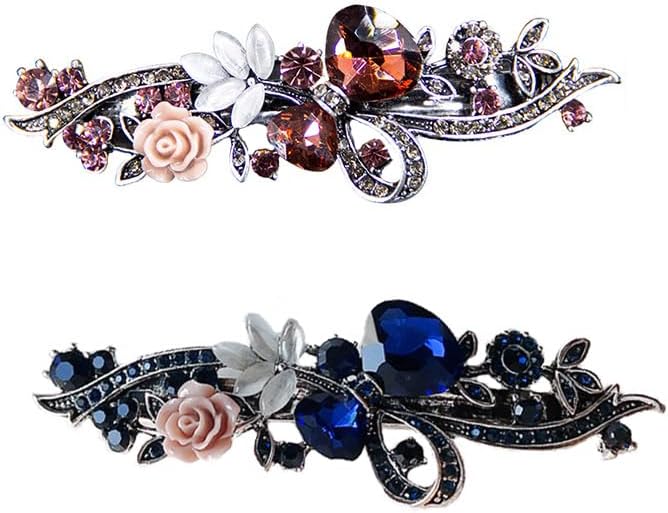 CLENEA 2 Pcs Gemstone Hair Clips for Women and Girls, Flower Hemming Clip, Rhinestone Hair Pins, Jewelry Accessory for daily, birthday, Valentine's Day, Mother's Day, Red and Blue - Image 1