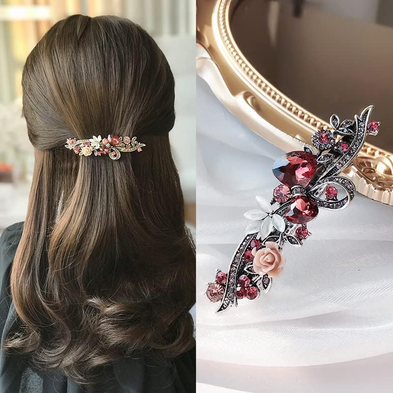 CLENEA 2 Pcs Gemstone Hair Clips for Women and Girls, Flower Hemming Clip, Rhinestone Hair Pins, Jewelry Accessory for daily, birthday, Valentine's Day, Mother's Day, Red and Blue - Image 4