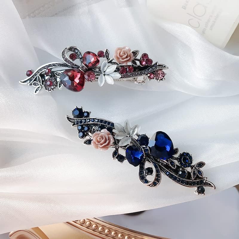 CLENEA 2 Pcs Gemstone Hair Clips for Women and Girls, Flower Hemming Clip, Rhinestone Hair Pins, Jewelry Accessory for daily, birthday, Valentine's Day, Mother's Day, Red and Blue - Image 2