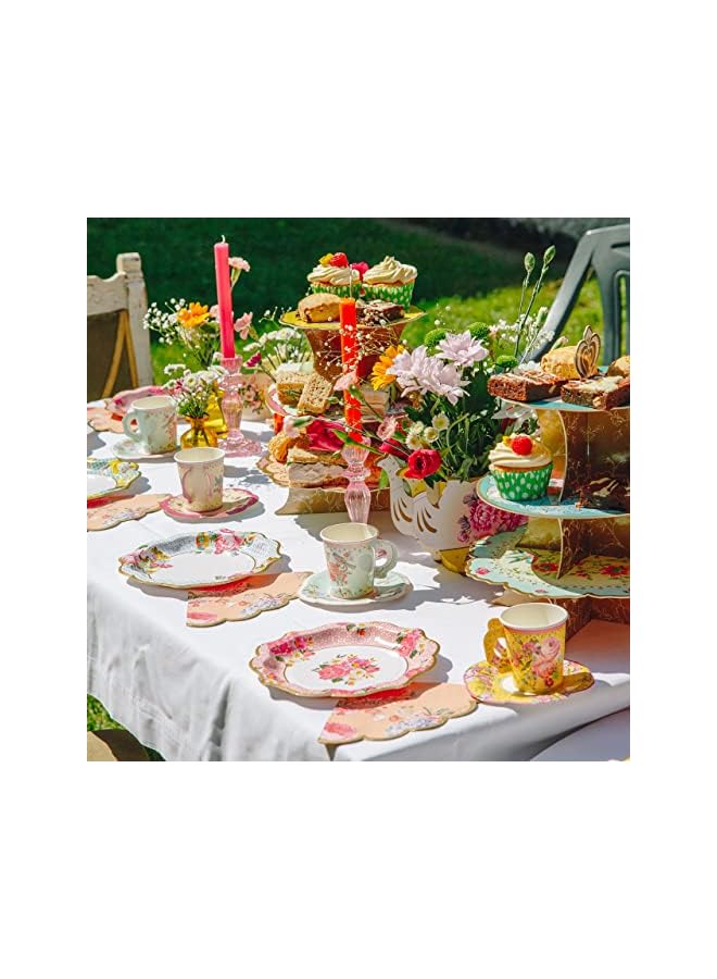 Raxoom Disposable Tableware, Afternoon Tea Vintage Floral Paper Plates,Dessert Salad Plates for Upscale Parties &Wedding-Special for Wedding, Party (Pink, 8.5") - Image 3