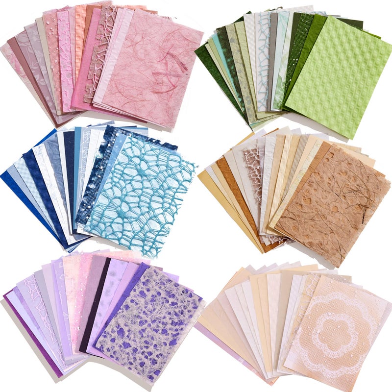 emmoolife 108 Sheets Textured Scrapbook Paper and Mesh Fabric Assorted Set - 6 Pack Mixed Special Paper for Scrapbooking Planner Bullet Junk Journal Supplies Mixed Collage Background 3.9x5.5 Inch - Image 1