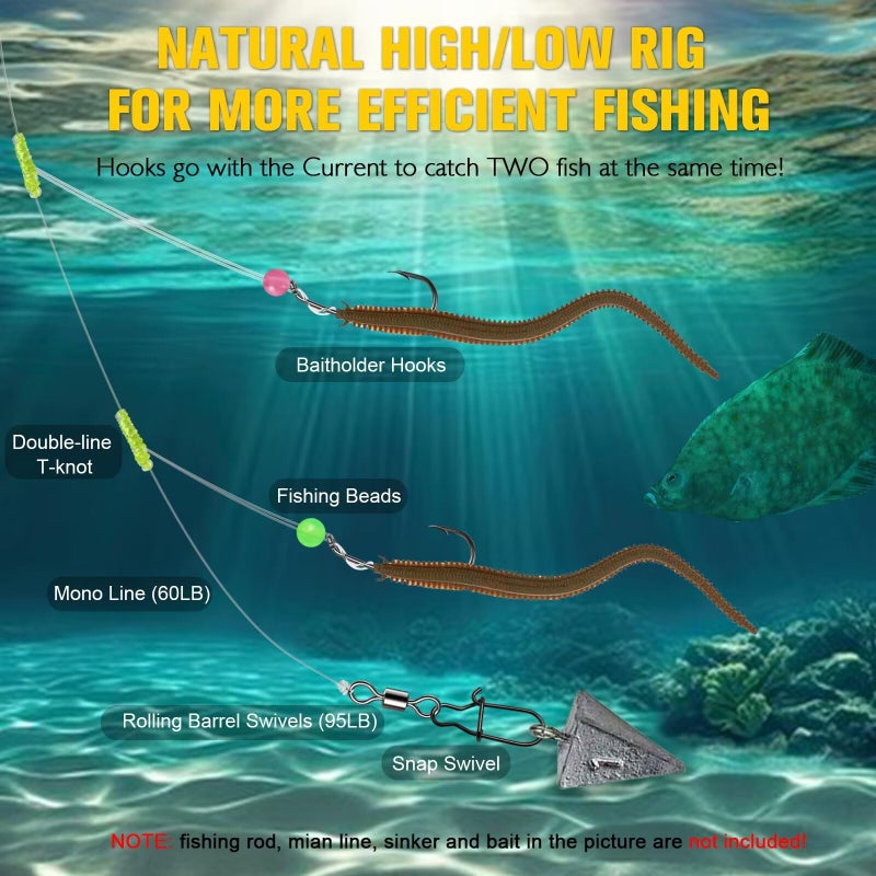 Dovesun High Low Rigs Fishing Saltwater 60Lb Pre-Tied Hi/Lo Strong Unique T Knot Bottom Surf Fishing Rigs With 3/0 Hook 10Pcs - Image 3