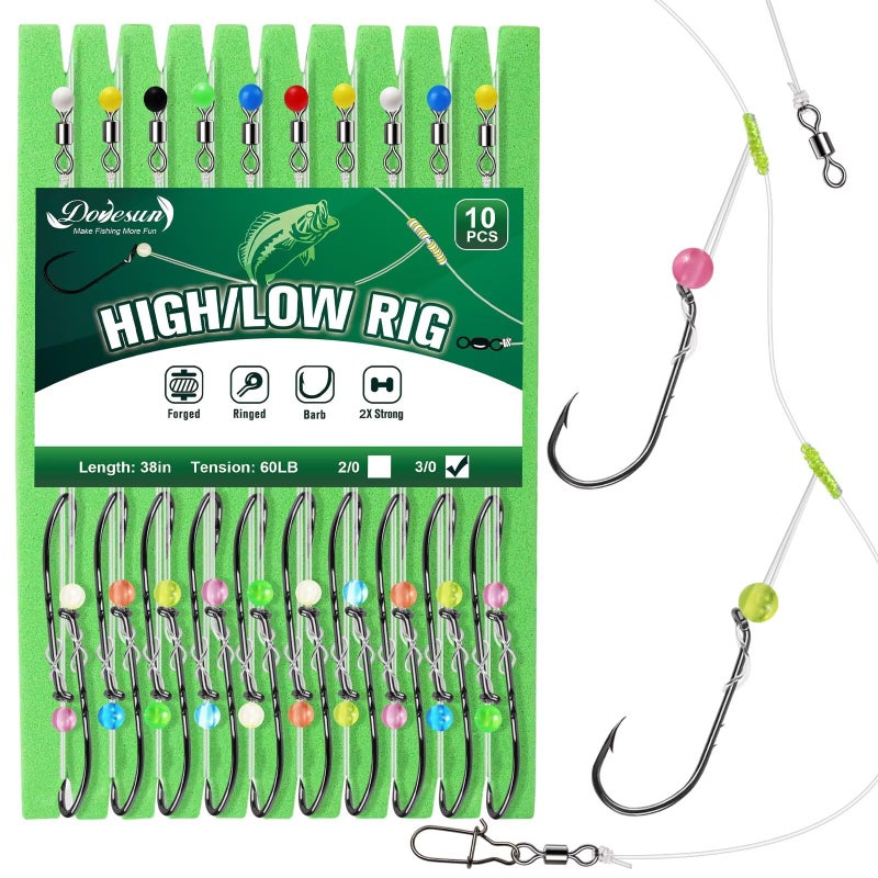 Dovesun High Low Rigs Fishing Saltwater 60Lb Pre-Tied Hi/Lo Strong Unique T Knot Bottom Surf Fishing Rigs With 3/0 Hook 10Pcs - Image 1