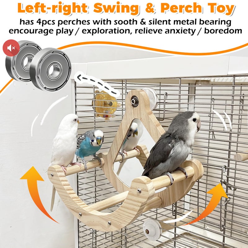 Jevnd Bird Perch Toy with Mirror for Cage, Interactive Rocking Parakeet Toys and Perches, Wood Exercise Wheel Cockatiel Toys, Birds Enrichment Toy for Parrot, Bird Cage Accessories Perch for Budgies Conure - Image 3