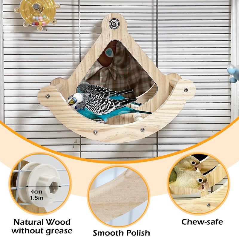Jevnd Bird Perch Toy with Mirror for Cage, Interactive Rocking Parakeet Toys and Perches, Wood Exercise Wheel Cockatiel Toys, Birds Enrichment Toy for Parrot, Bird Cage Accessories Perch for Budgies Conure - Image 5