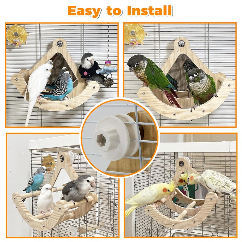 Jevnd Bird Perch Toy with Mirror for Cage, Interactive Rocking Parakeet Toys and Perches, Wood Exercise Wheel Cockatiel Toys, Birds Enrichment Toy for Parrot, Bird Cage Accessories Perch for Budgies Conure - Image 4