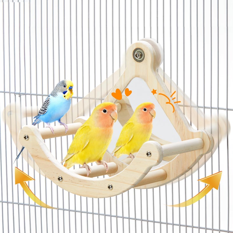 Jevnd Bird Perch Toy with Mirror for Cage, Interactive Rocking Parakeet Toys and Perches, Wood Exercise Wheel Cockatiel Toys, Birds Enrichment Toy for Parrot, Bird Cage Accessories Perch for Budgies Conure - Image 1