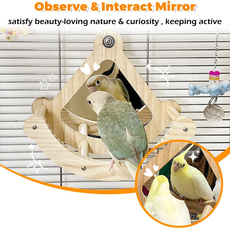 Jevnd Bird Perch Toy with Mirror for Cage, Interactive Rocking Parakeet Toys and Perches, Wood Exercise Wheel Cockatiel Toys, Birds Enrichment Toy for Parrot, Bird Cage Accessories Perch for Budgies Conure - Image 2