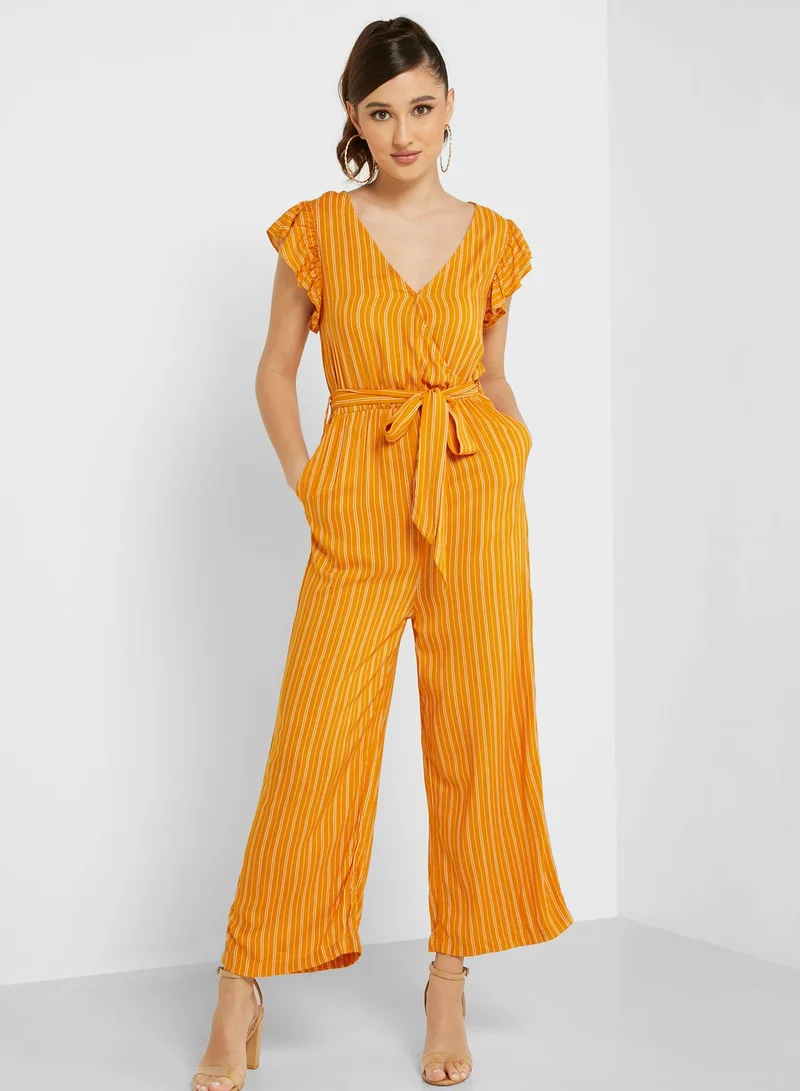 Ginger Frill Sleeve Pinstripe Belted Jumpsuit