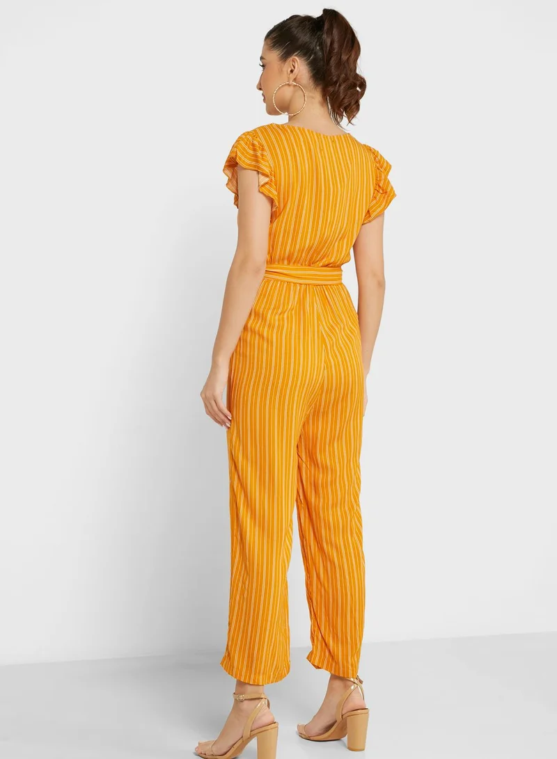 Ginger Frill Sleeve Pinstripe Belted Jumpsuit