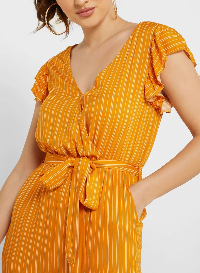Ginger Frill Sleeve Pinstripe Belted Jumpsuit