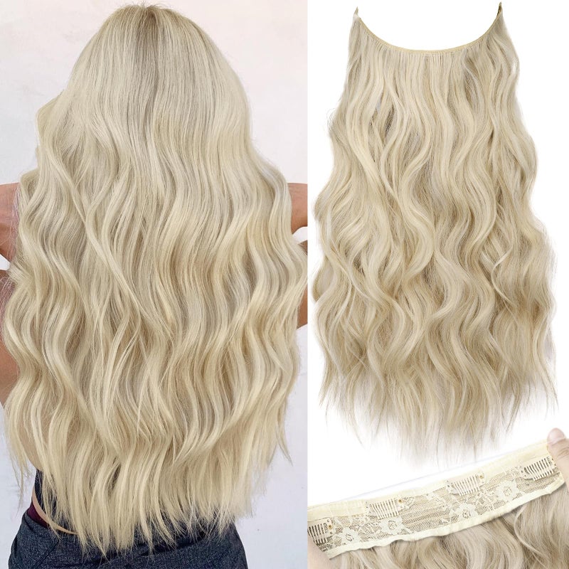 KooKaStyle Invisible Wire Hair Extensions with Transparent Headband Adjustable Size 4 Secure Clips Long Wavy Secret Wire Hairpiece 20 Inch for Women 20 Inch Light Brown mix Platinum Blonde
