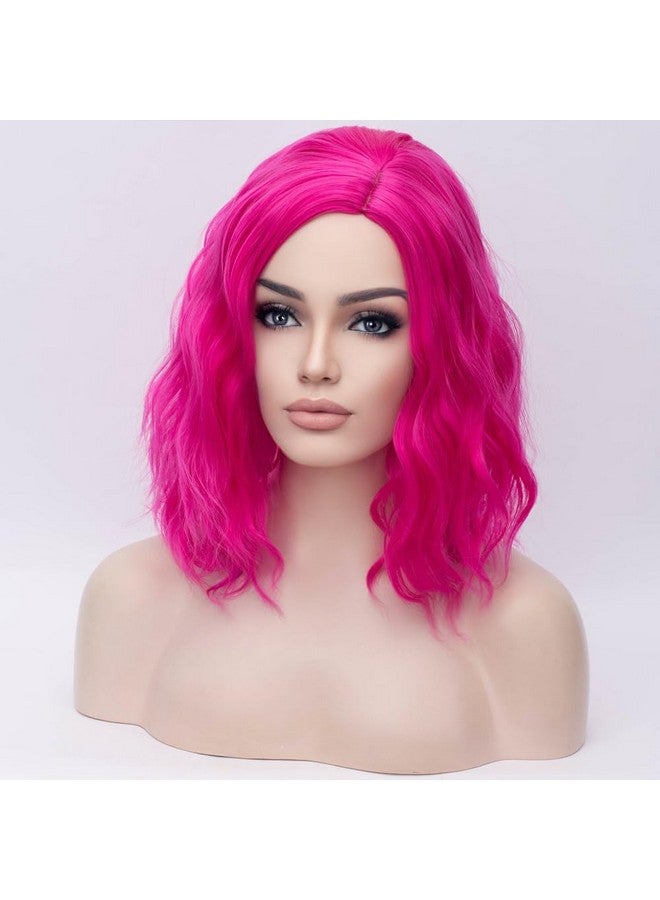 بيرون باروكة شعر بيرون الوردية بطول 14 بوصة للنساء والفتيات، باروكة قصيرة مجعدة ومموجة بلون وردي ساخن، مموجة للجسم، مناسبة لحفلات الهالوين والحفلات اليومية - Image 3