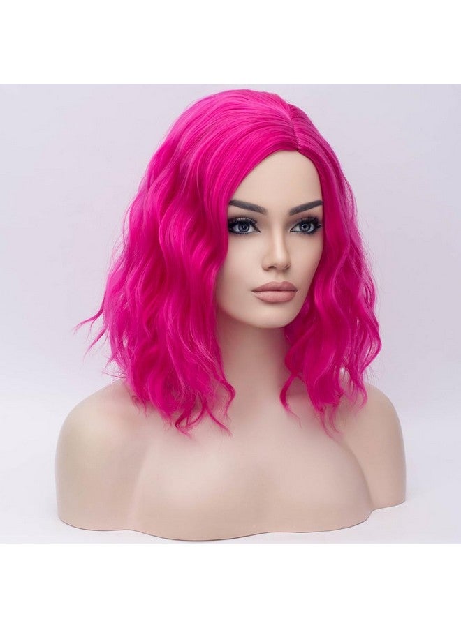 بيرون باروكة شعر بيرون الوردية بطول 14 بوصة للنساء والفتيات، باروكة قصيرة مجعدة ومموجة بلون وردي ساخن، مموجة للجسم، مناسبة لحفلات الهالوين والحفلات اليومية - Image 2
