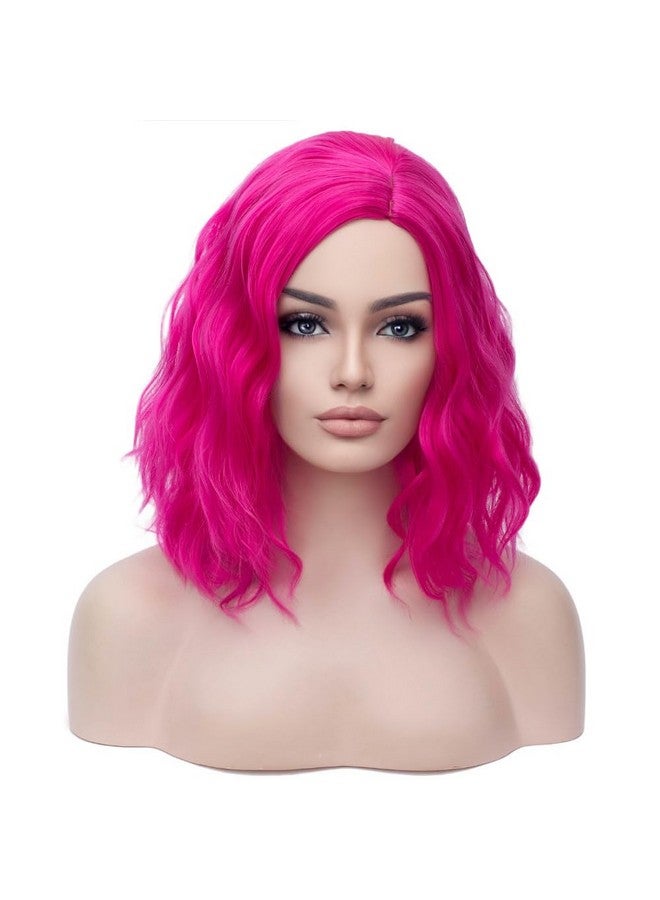 بيرون باروكة شعر بيرون الوردية بطول 14 بوصة للنساء والفتيات، باروكة قصيرة مجعدة ومموجة بلون وردي ساخن، مموجة للجسم، مناسبة لحفلات الهالوين والحفلات اليومية - Image 1