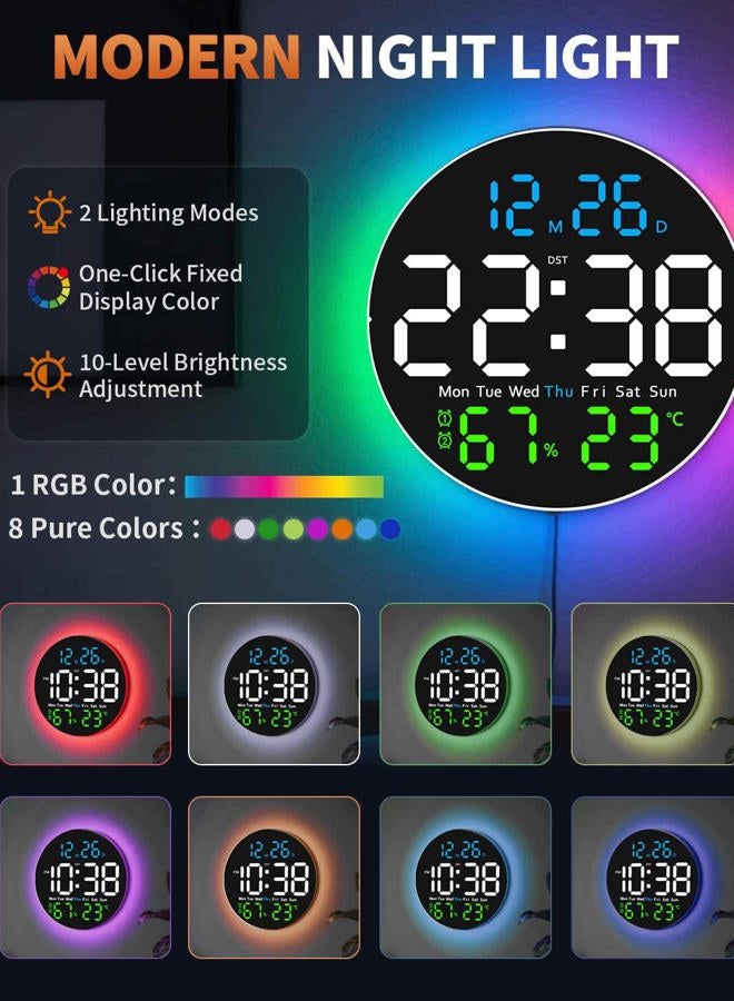 GLOKUUCA 10 Inch Large Digital Wall Clock with 9 Color Changing Remote Control, Date Week Temperature, Auto Brightness Dimmer Clock Night Lights,Blue+Green - Image 4