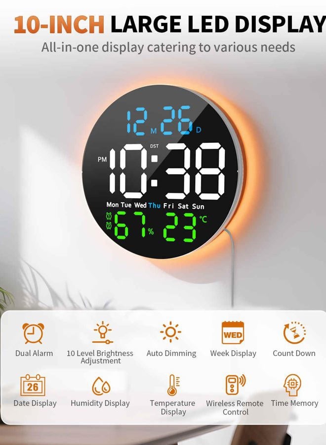 GLOKUUCA 10 Inch Large Digital Wall Clock with 9 Color Changing Remote Control, Date Week Temperature, Auto Brightness Dimmer Clock Night Lights,Blue+Green - Image 2