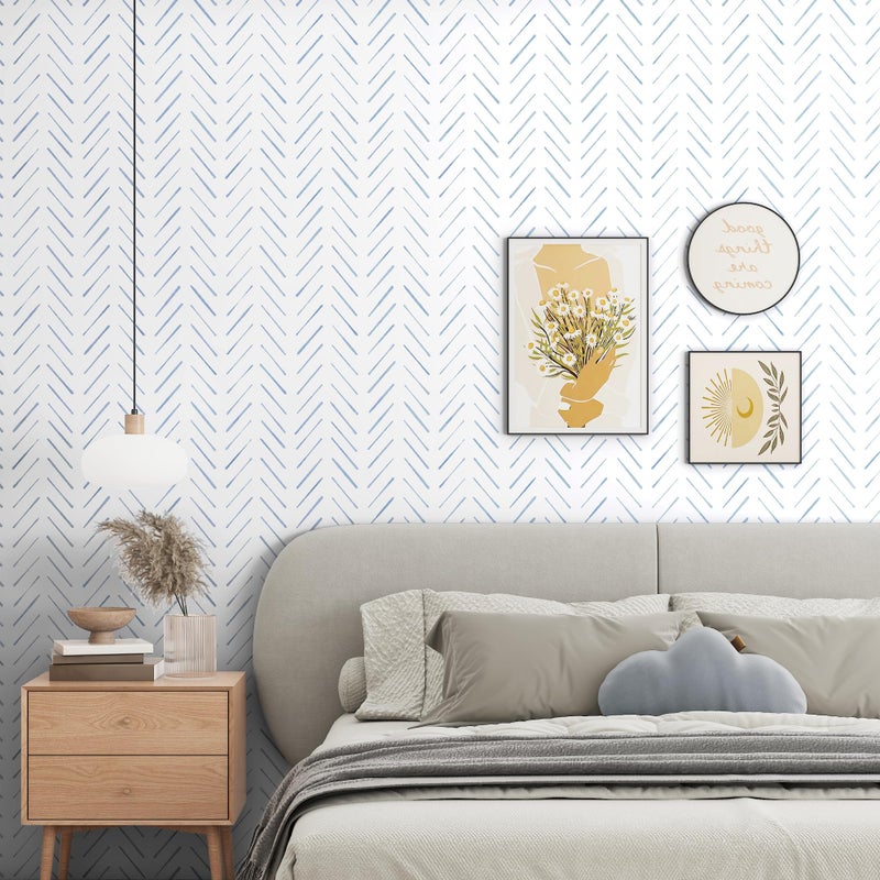 PeonyQueen Peel and Stick Wallpaper Herringbone Striped Wallpaper 17.3"x78.8" White and Blue Wall Paper Boho Contact Paper Self Adhesive Removable Wallpapers Decorative for Bedroom Bathroom Cabinets Vinyl Roll - Image 2