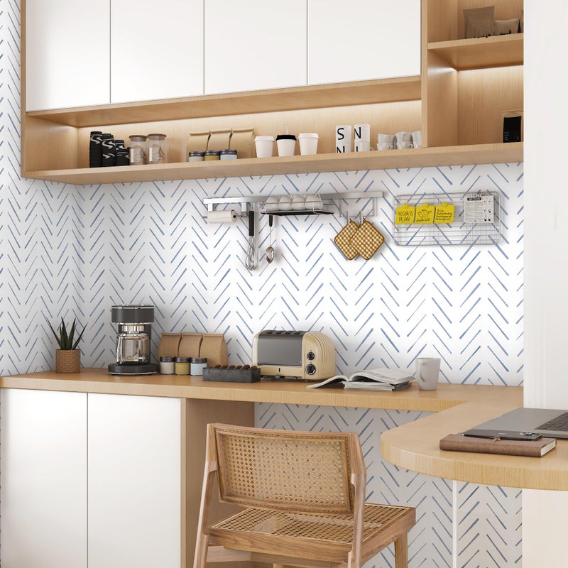 PeonyQueen Peel and Stick Wallpaper Herringbone Striped Wallpaper 17.3"x78.8" White and Blue Wall Paper Boho Contact Paper Self Adhesive Removable Wallpapers Decorative for Bedroom Bathroom Cabinets Vinyl Roll - Image 5