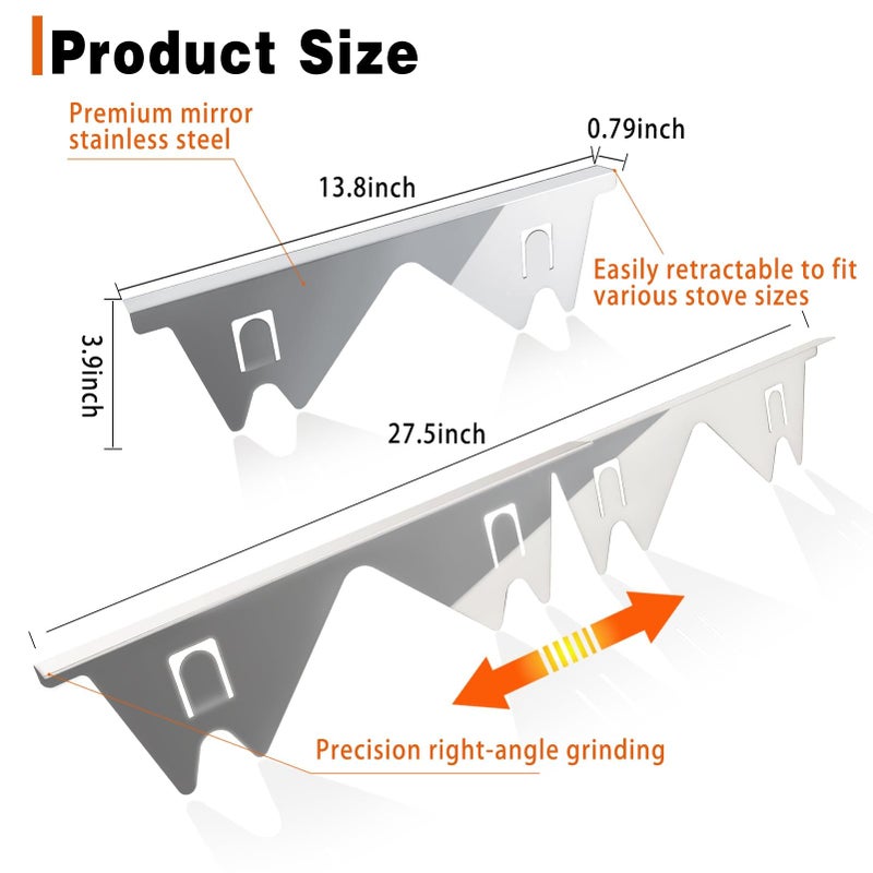 ALMCALS Stove Gap Covers Stainless Steel, 2 Pack Stove Gap Filler Easy Retractable Length 13.8" to 27.5", Width 0.79" ALMCALS Range Trim Kit, Heat Resistant Guard Between Stove Top & Counter - Image 2