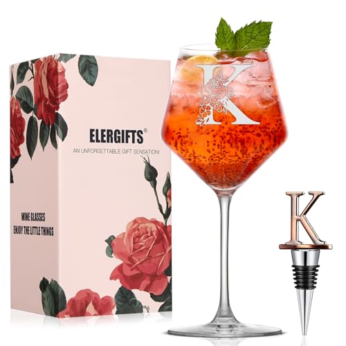 ELERGIFTS Mothers Day Gifts for Mom, Grandma, Wife-Personalized Gifts,Monogrammed A-Z Wine Glass Customized Gift with Wine Stopper, Unique Birthday Gifts for Women Mom Friend Sister Wife -Dishwasher Safe (K) - Image 1