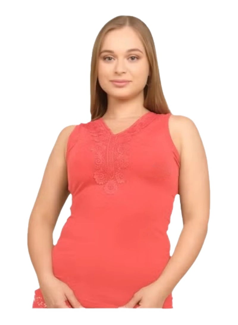 Undershirt cotton wide strap front lace top - Light Red