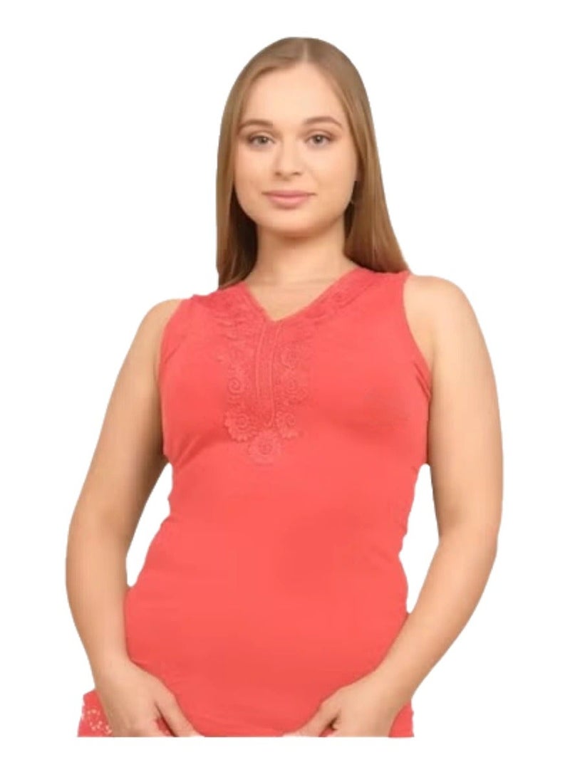 Women's Cotton Wide Strap Undershirt with Elegant Front Lace Detail, Soft Stretch Camisole Tank Top, Breathable Daily Innerwear, Lightweight Sleeveless Comfort Top, 95% Cotton 5% Lycra, Light Red - Image 2