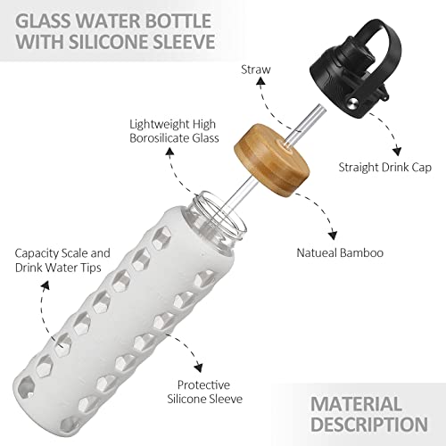 MUKOKO 32oz Glass Water Bottles with 2 Lids-Handle Spout Lid&Bamboo Straw Lid, Motivational Water Tumbler with Time Marker Reminder and Silicone Sleeve, Leakproof-White-1 Pack - Image 4