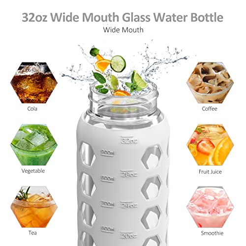MUKOKO 32oz Glass Water Bottles with 2 Lids-Handle Spout Lid&Bamboo Straw Lid, Motivational Water Tumbler with Time Marker Reminder and Silicone Sleeve, Leakproof-White-1 Pack - Image 5