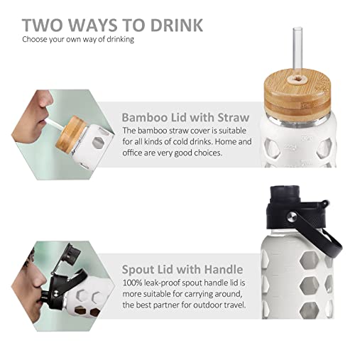 MUKOKO 32oz Glass Water Bottles with 2 Lids-Handle Spout Lid&Bamboo Straw Lid, Motivational Water Tumbler with Time Marker Reminder and Silicone Sleeve, Leakproof-White-1 Pack - Image 3