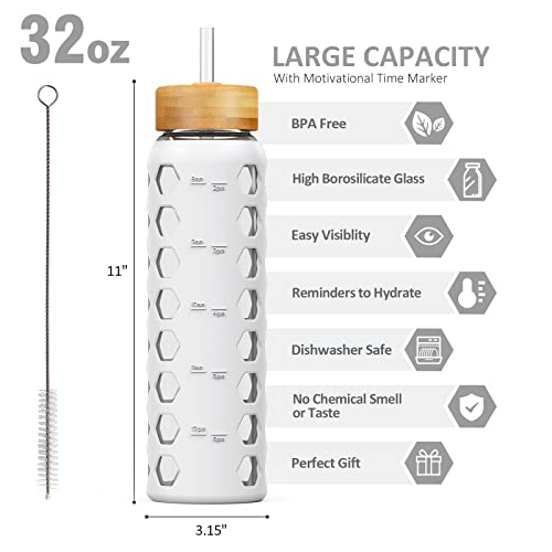 MUKOKO 32oz Glass Water Bottles with 2 Lids-Handle Spout Lid&Bamboo Straw Lid, Motivational Water Tumbler with Time Marker Reminder and Silicone Sleeve, Leakproof-White-1 Pack - Image 2