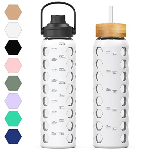 MUKOKO 32oz Glass Water Bottles with 2 Lids-Handle Spout Lid&Bamboo Straw Lid, Motivational Water Tumbler with Time Marker Reminder and Silicone Sleeve, Leakproof-White-1 Pack - Image 1