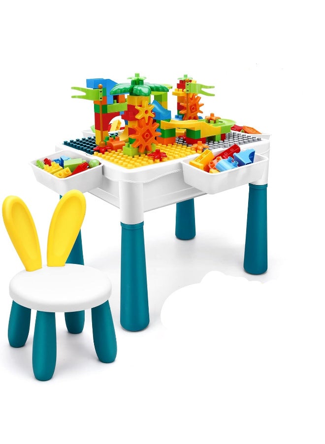 طاولة ألعاب للأطفال مع كرسي، مجموعة مكعبات بناء124قطعة متعددة الألوان، طاولة نشاط مع تخزين - Image 1
