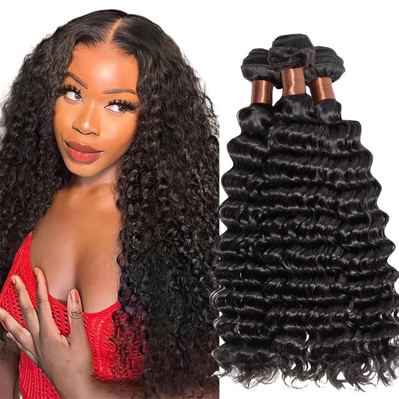 Angie Queen Brazilian Deep Wave Human Hair 3 Bundles 18 20 22 Inch 100 Unprocessed 12A Remy Virgin Hair Extensions Wet and Wavy Human Hair Bundles Deep Curly Weave Double Weft for Women Natural Black Color